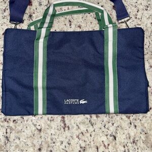 Lacoste Parfums Weekender Duffel Bag Navy Blue White and Green Stripe Handles